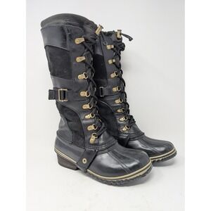 SOREL Conquest Carly Boots Womens 7.5 Tall Winter Black Leather Suede Lace Up